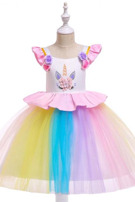 Unicorn Flower Girl Dress, Rainbow Girl Dress,Princess Girl Dress,Wedding Girl Dress,Birthday Girl Dress,Party Girl Dress,Tutu Gown ,Children Kids Clothes 2#
