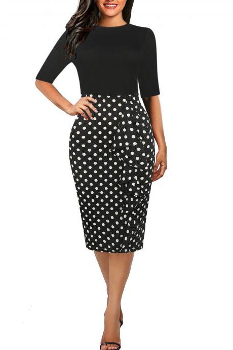 Women Pencil Dress Vintage Short Sleeve Casual Knee Length Bodycon Work Business Midi Party Dress 4#