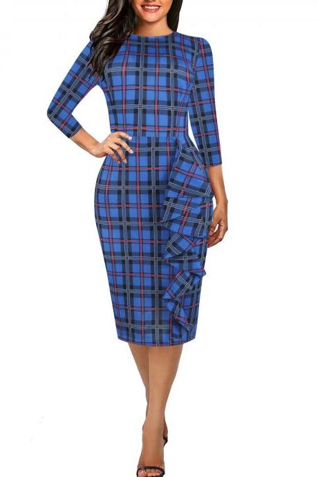 Women Pencil Dress Vintage Short Sleeve Casual Knee Length Bodycon Work Business Midi Party Dress 6#