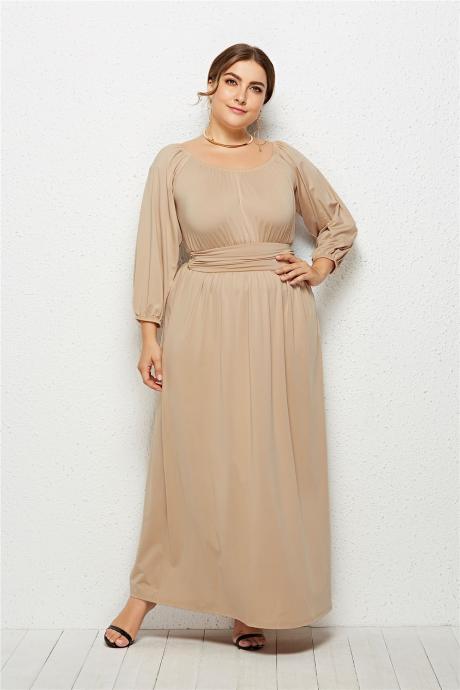 Plus Size Women Maxi Dress High Waist Long Sleeve Solid Loose Formal Party Long Dress apricot