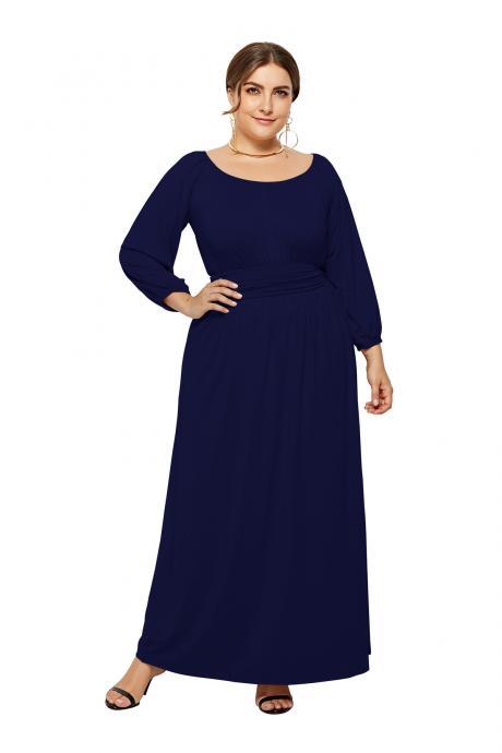 Plus Size Women Maxi Dress High Waist Long Sleeve Solid Loose Formal Party Long Dress dark blue