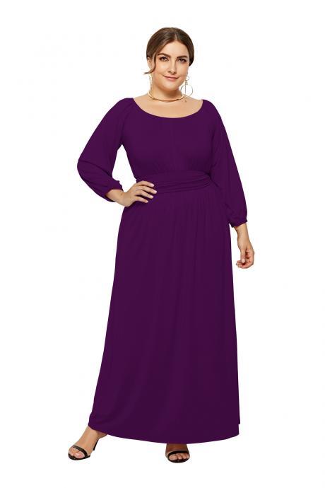 Plus Size Women Maxi Dress High Waist Long Sleeve Solid Loose Formal Party Long Dress purple