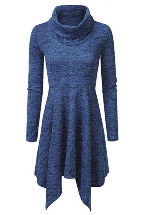 Women Casual Dress Autumn Long Sleeve Turtleneck Knitted Asymmetrical Slim Mini Club Party Dress blue