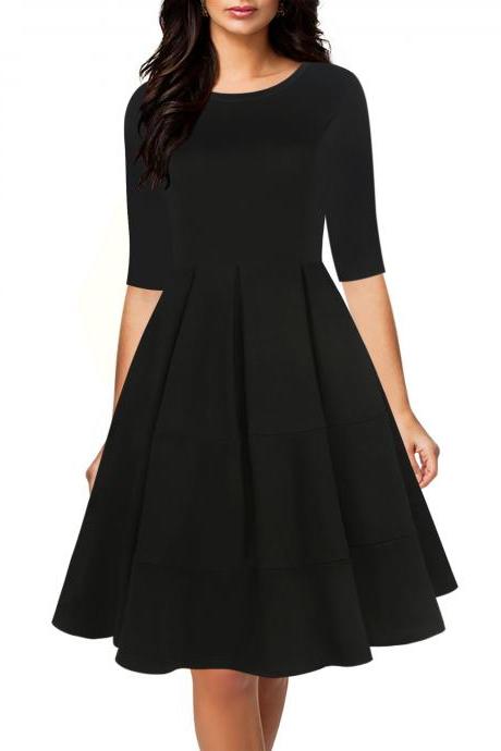 Women Casual Dress Autumn Half Sleeve Patchwork A-Line Office Work Business Party Dress black
