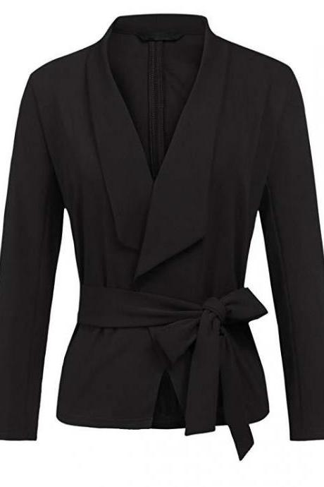 Women Blazer Coat Autumn Long Sleeve Belted Casual Work Office Lady Slim Suit Jacket Black