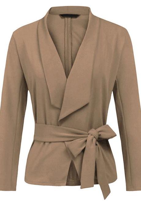Women Blazer Coat Autumn Long Sleeve Belted Casual Work Office Lady Slim Suit Jacket khaki
