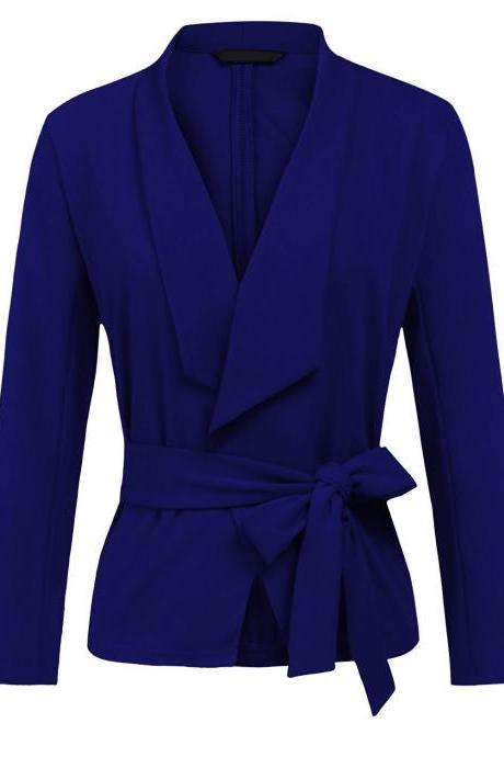 Women Blazer Coat Autumn Long Sleeve Belted Casual Work Office Lady Slim Suit Jacket Royal Blue