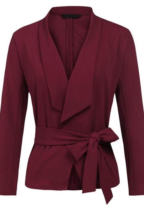 Women Blazer Coat Autumn Long Sleeve Belted Casual Work Office Lady Slim Suit Jacket Wine Red