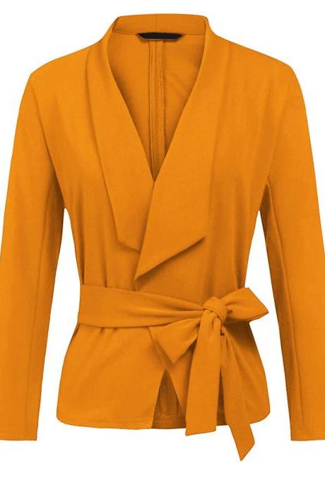 Women Blazer Coat Autumn Long Sleeve Belted Casual Work Office Lady Slim Suit Jacket yellow