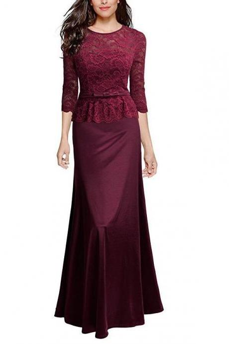 Women Floral Lace Maxi Dress 3/4 Sleeve Slim Peplum Long Evening Party Bridesmaid Dress wine red