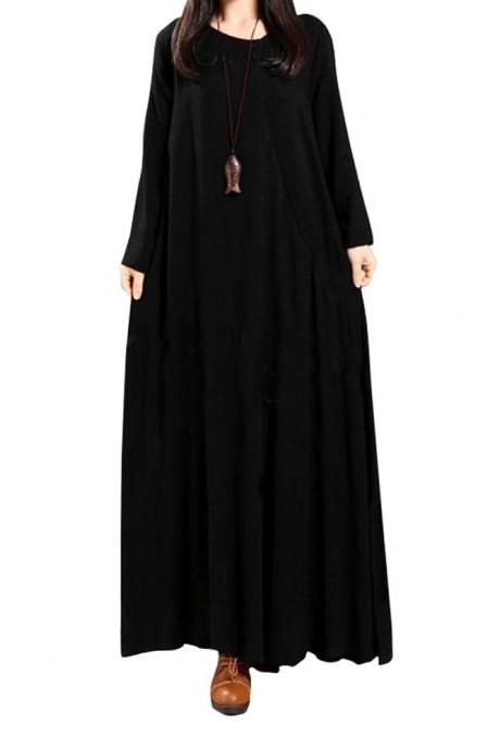 Women Maxi Dress National Style Button Long Sleeve Streetwear Casual Loose Long Dress black