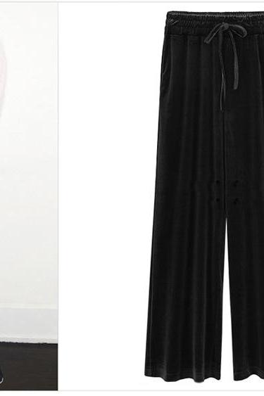 Women Velvet Pants Drawstring High Waist Plus Size Casual Loose Long Wide Leg Trousers black