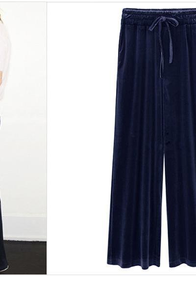 Women Velvet Pants Drawstring High Waist Plus Size Casual Loose Long Wide Leg Trousers navy blue