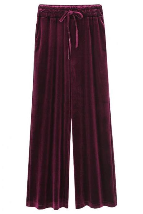 Women Velvet Pants Drawstring High Waist Plus Size Casual Loose Long Wide Leg Trousers wine red
