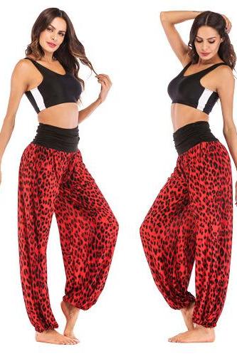 Women Leopard Printed Yoga Pants High Waist Daily Casual Loose Long Wide Leg Sport Workout Trousers red