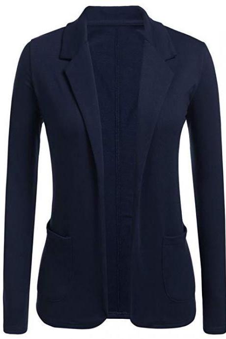 Women Blazer Coat Autumn Casual Long Sleeve Work Office Business Lady Slim Suit Jacket Navy Blue