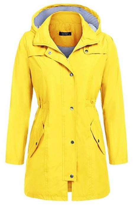 Women Casual Coat Spring Autumn Slim Hooded Waterproof Raincoat Long Jacket Windbreaker yellow
