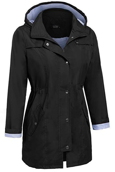 Women Casual Coat Spring Autumn Slim Hooded Waterproof Raincoat Long Jacket Windbreaker black
