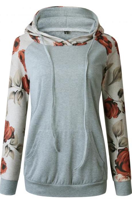 Women Hoodies Autumn Floral Printed Patchwork Long Sleeve Drawstring Hooded Casual Sweatshir Gray