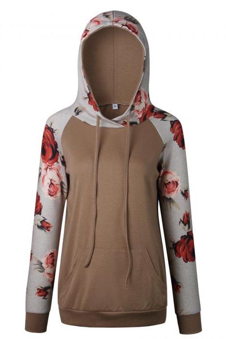 Women Hoodies Autumn Floral Printed Patchwork Long Sleeve Drawstring Hooded Casual Sweatshirt khaki