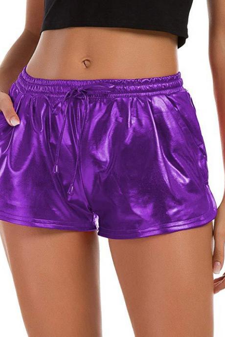 Women Metallic Shorts Shiny Drawstring High Waist Night Club Dancing Causal Shorts purple