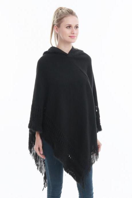 Women Tassel Cape Coat Autumn Winter Knitted Hollow out Hooded Fringe Poncho Asymmetrical Tops black