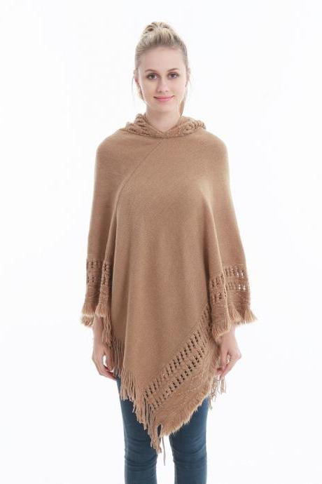 Women Tassel Cape Coat Autumn Winter Knitted Hollow out Hooded Fringe Poncho Asymmetrical Tops camel