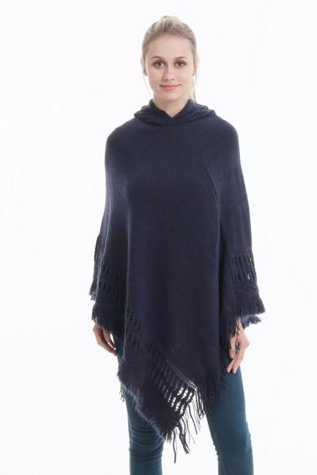 Women Tassel Cape Coat Autumn Winter Knitted Hollow out Hooded Fringe Poncho Asymmetrical Tops navy blue