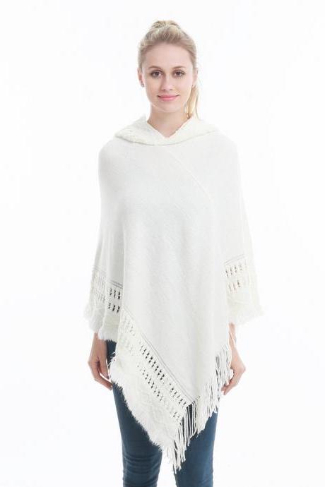 Women Tassel Cape Coat Autumn Winter Knitted Hollow out Hooded Fringe Poncho Asymmetrical Tops off white