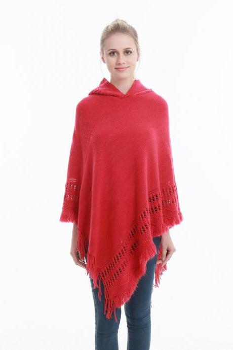Women Tassel Cape Coat Autumn Winter Knitted Hollow out Hooded Fringe Poncho Asymmetrical Tops red 