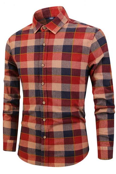 Men Plaid Printed Shirt Autumn Long Sleeve Buttons Single Breasted Casual Slim Fit Shirt Red