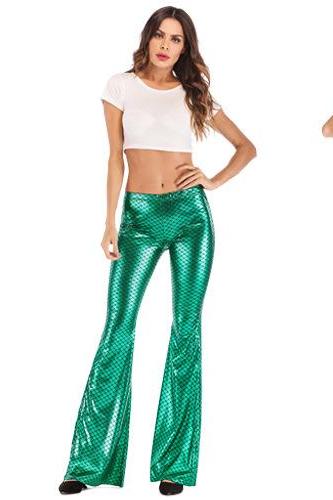 Women Fish Scale Printed Flare Pants Autumn High Waist Casual Fashion Streetwear Skinny Trousers green