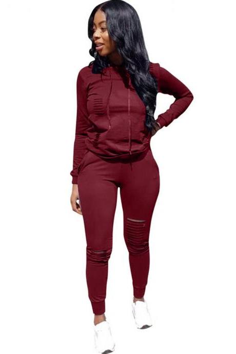  Women Tracksuit Autumn Long Sleeve Hoodies+Pants Two Pieces Sets Sportswear Suit wine red