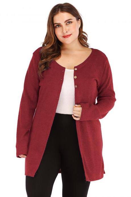 Women Cardigan Coat Autumn Long Sleeve Button Casual Basic Plus Size Jacket crimson