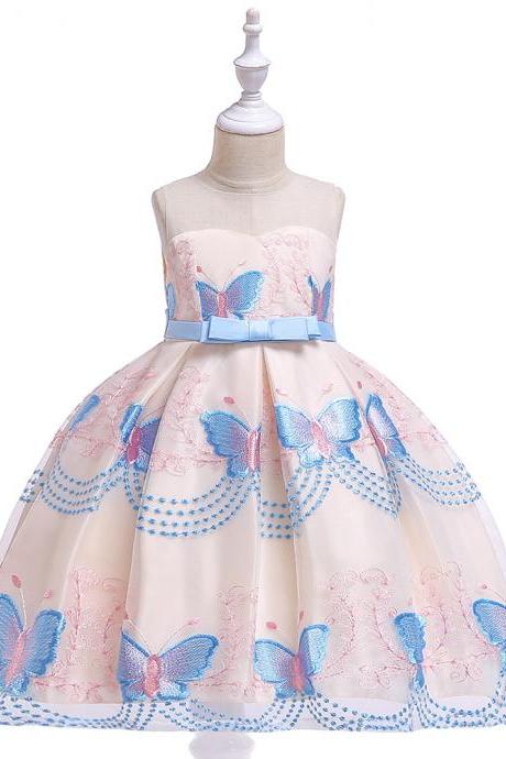 Butterfly Embroidery Flower Girls Dress Princess Party Pageant Formal Birthday Gown Kids Children Clothes sky blue