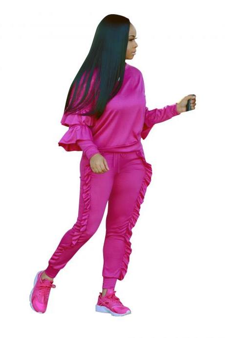 Women Tracksuit Ruffles Top+Long Pants Two Pieces Set Casual Nightclub Party Overalls hot pink