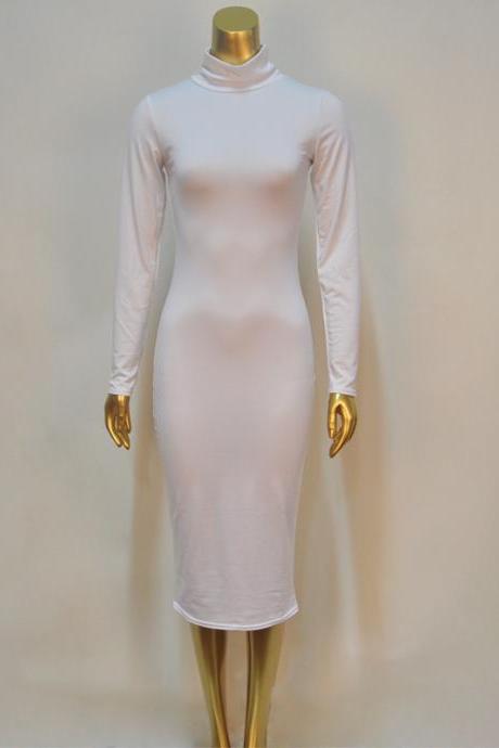 Women Midi Pencil Dress Autumn Turtleneck Long Sleeve Solid Bodycon Night Club Party Dress Off White
