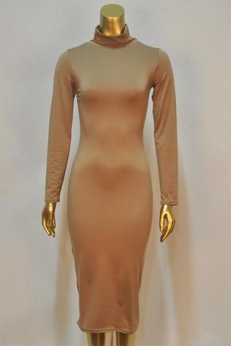 Women Midi Pencil Dress Autumn Turtleneck Long Sleeve Solid Bodycon Night Club Party Dress Coffee