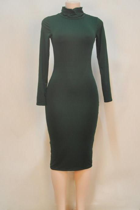 Women Midi Pencil Dress Autumn Turtleneck Long Sleeve Solid Bodycon Night Club Party Dress green