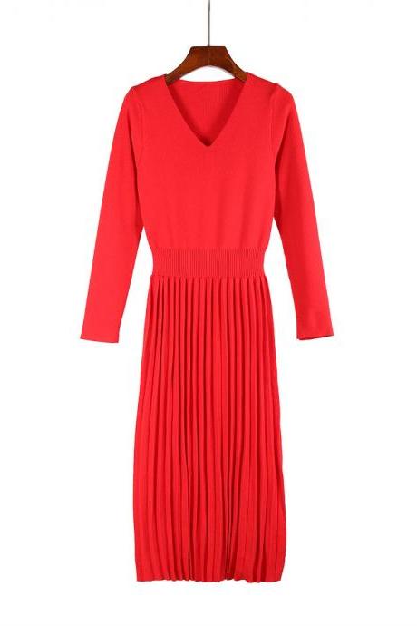 Women Sweater Dress Autumn Winter V Neck Long Sleeve Slim Pleated Elastic Casual Midi Knitted Dress red