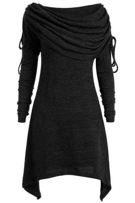  Women Asymmetric Sweatshirt Autumn Ruffles Casual Long Sleeve Slim Hoodie Pullovers Tops black