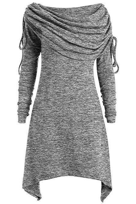 Women Asymmetric Sweatshirt Autumn Ruffles Casual Long Sleeve Slim Hoodie Pullovers Tops gray