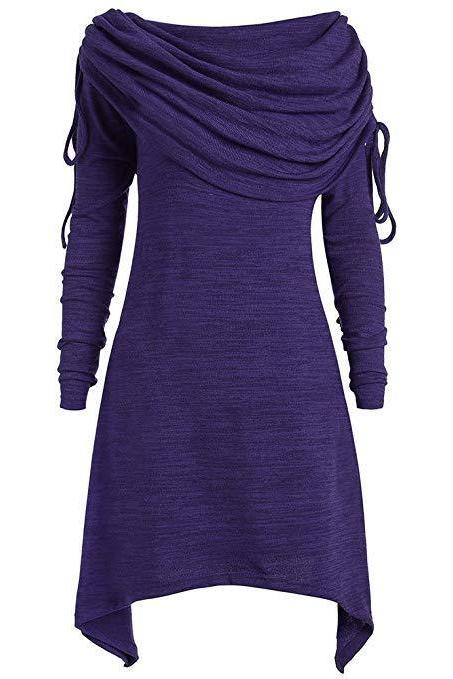 Women Asymmetric Sweatshirt Autumn Ruffles Casual Long Sleeve Slim Hoodie Pullovers Tops purple 