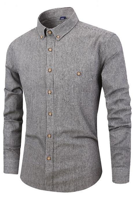  Men Striped Shirt Fashion Long Sleeve Turn-down Collar Button Casual Slim Fit Business Shirt gray
