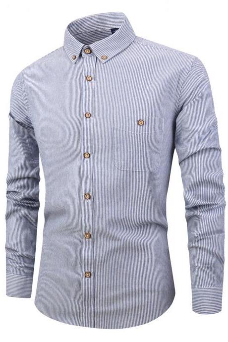  Men Striped Shirt Fashion Long Sleeve Turn-down Collar Button Casual Slim Fit Business Shirt light blue