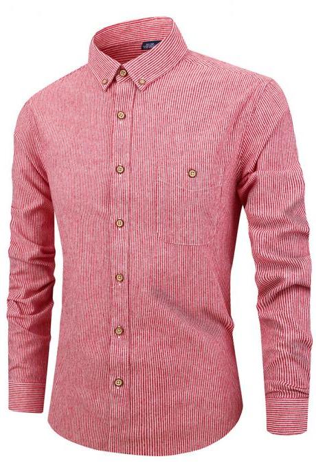  Men Striped Shirt Fashion Long Sleeve Turn-down Collar Button Casual Slim Fit Business Shirt watermelon red