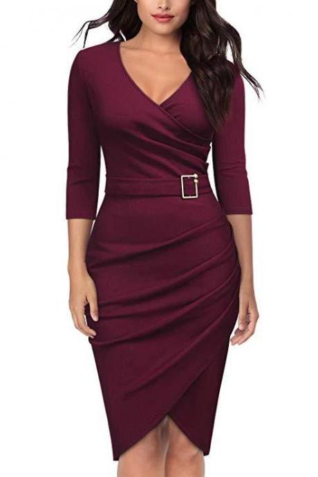  Women Pencil Dress V Neck 3/4 Sleeve Belted Sheath Bodycon Work Club Party Dress wine red