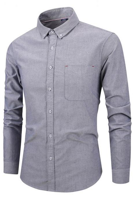 Men Shirt Fashion Long Sleeve Turn-down Collar Button Solid Cotton Casual Slim Fit Business Shirt gray