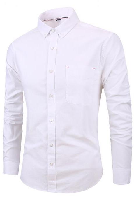 Men Shirt Fashion Long Sleeve Turn-down Collar Button Solid Cotton Casual Slim Fit Business Shirt off white