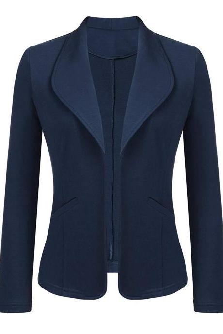 Women Blazer Coat Autumn Long Sleeve Work Office Casual Cardigan Slim Suit Jacket Outwear navy blue